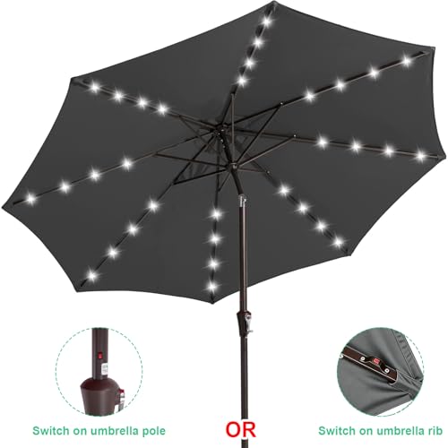 9' Patio Umbrella with Solar Lights (9 ft / Dark Gray)