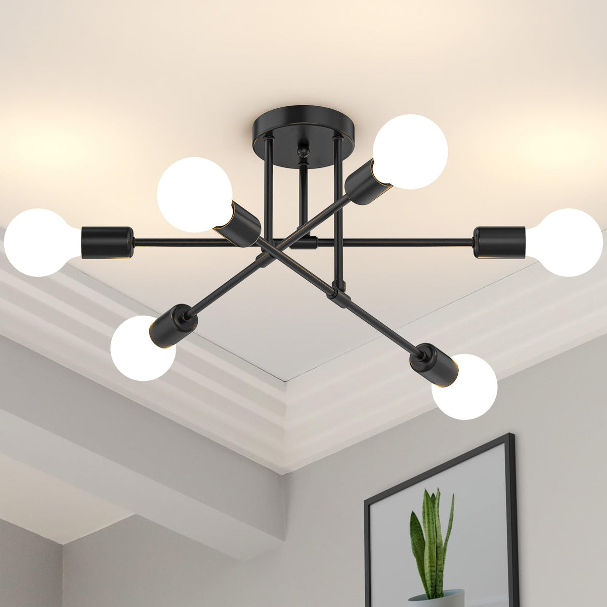 22" Modern Sputnik Chandelier (Matte Black / 6-Light)