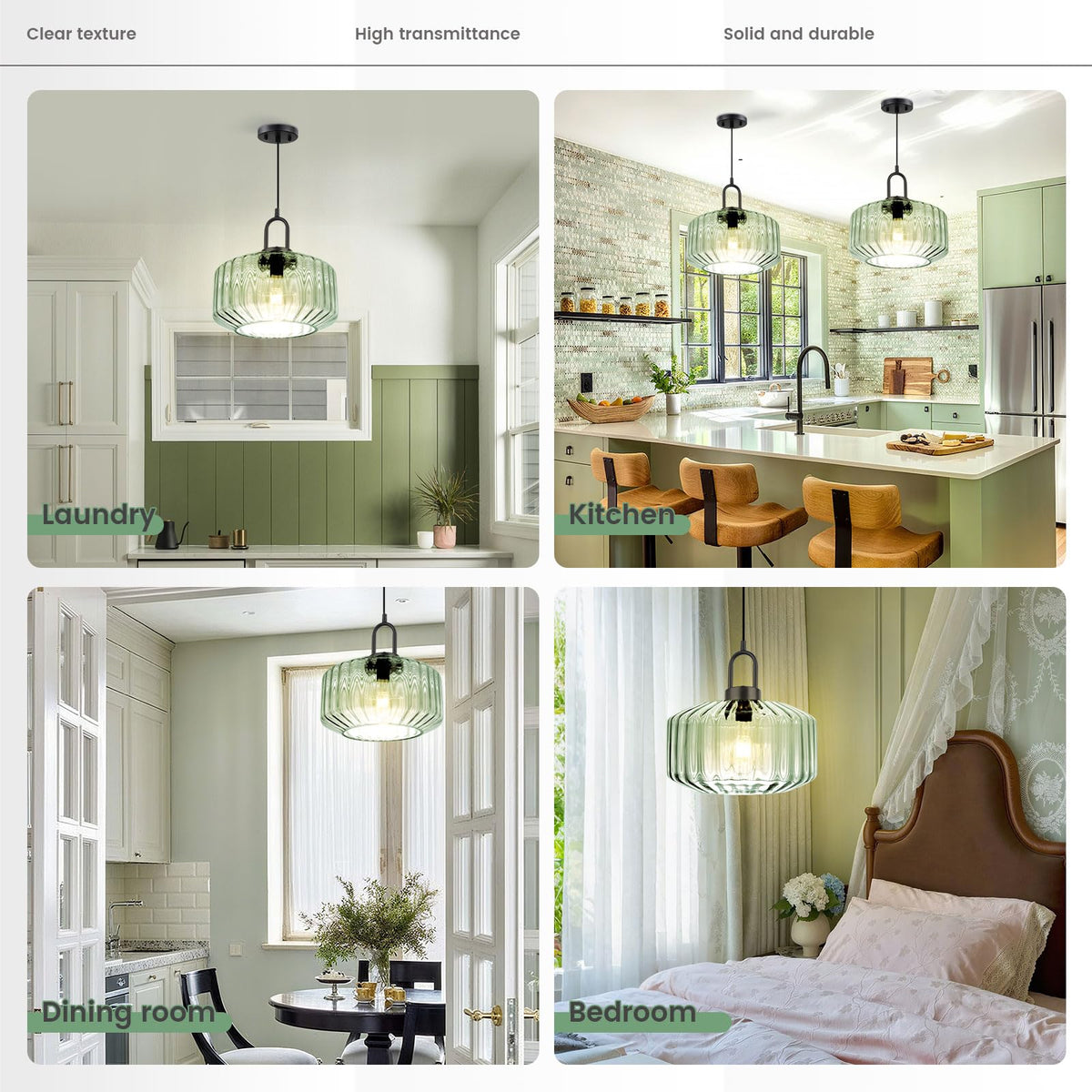 Modern Hanging Lights Light Green Pendant Light Fixtures Mid Century Large Glass Pendant Lights 11" Striped Glass Shade Black Schoolhouse Ceiling Light Fixture Kitchen Hanging Lamp (Light Green)