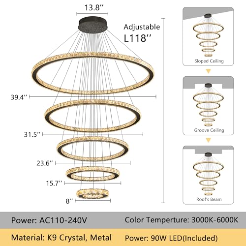 Modern Crystal Chandelier for High Ceiling 5 Rings Dimmable LED Chandeliers Adjustable Lighting Fixtures for Foyer Staircase Living Room Dining Room Black (Black / 5-Ring 40")