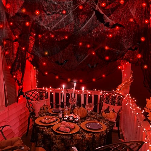 Halloween Spider Web Decorations with 32FT String Lights (Red Light)