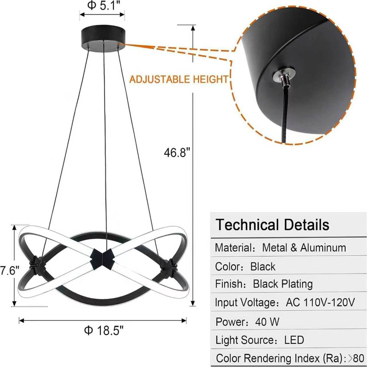 18.5 Inches Black Dimmable Modern Led Chandelier with Remote Control (Black-1 / 18.5 inches)
