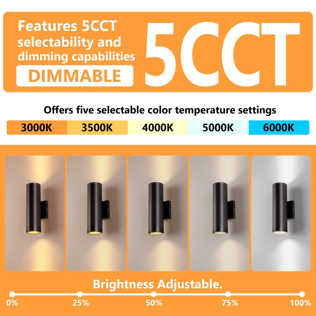 5CCT Dimmable Wall Lights Outdoor 2 Packs (Black)
