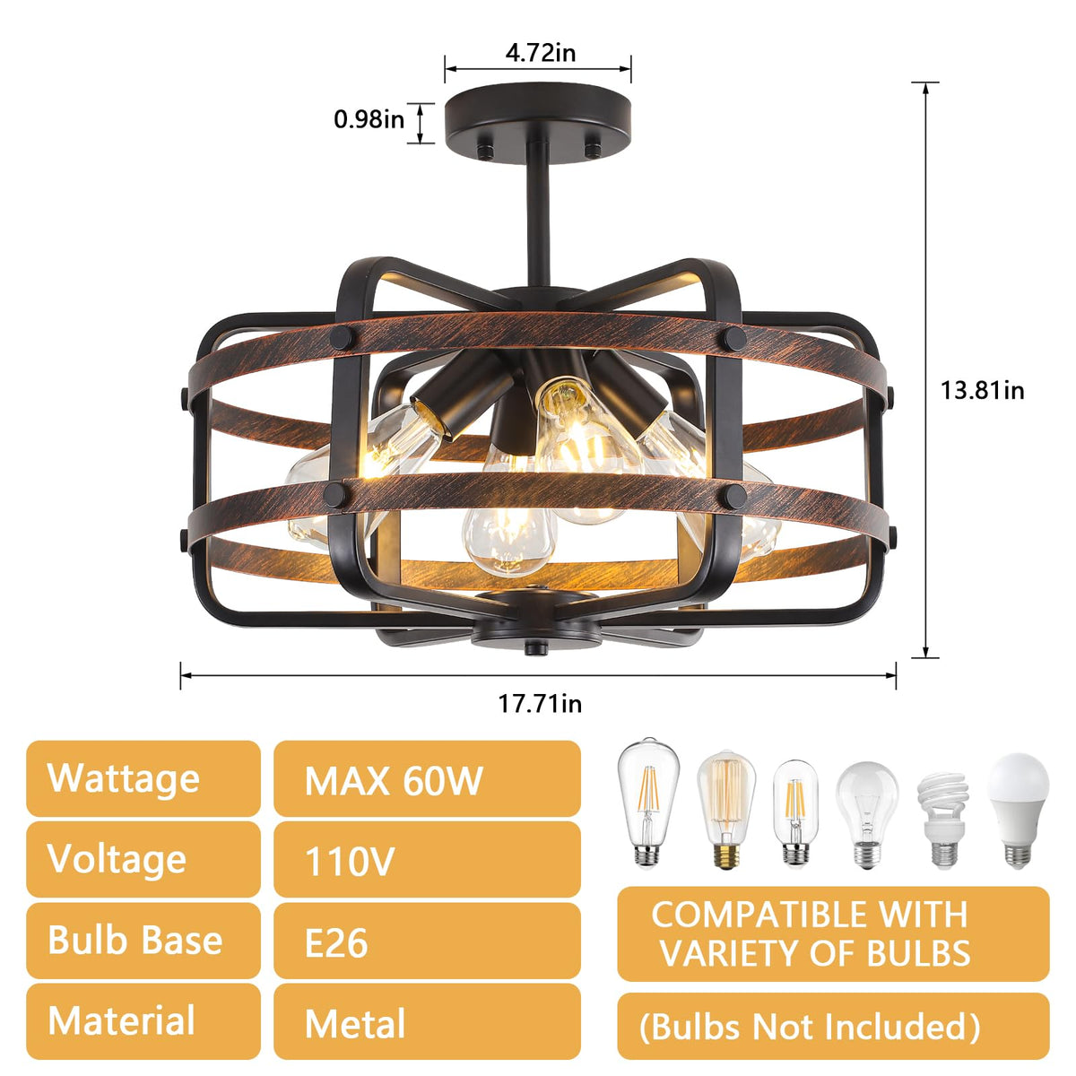 17.71'' Farmhouse Cage Semi Flush Mount Ceiling Light Fixture 4 (17.71''-Black&Brown-E26)