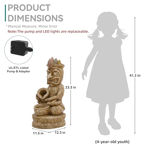 23" H Tiki Statue Outdoor Water Fountain with LED Lights (Tiki Natural Wood Color)