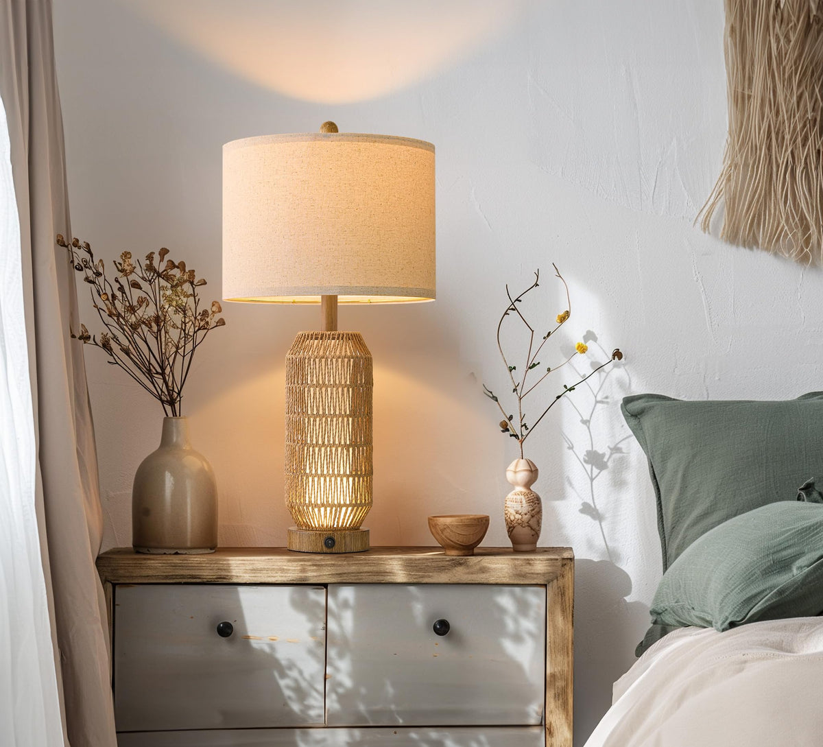 25" Table Lamps Set of 2 with Night Light (Wood-Grain)