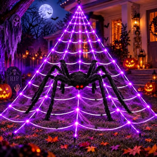 200 LED Halloween Spider Web Lights Purple Outdoor Light&Large Spider