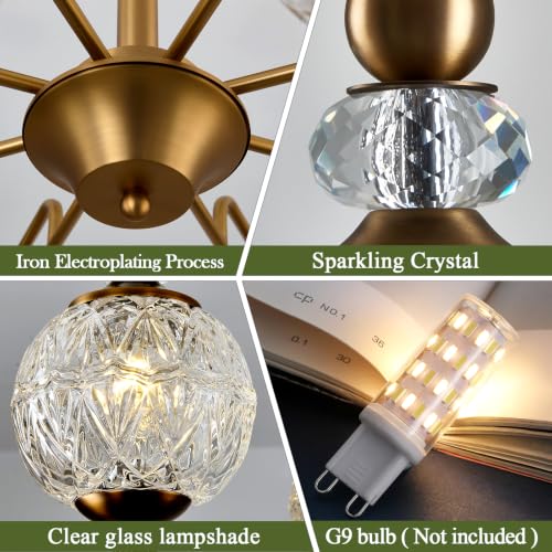 Vintage Gold Sputnik Chandelier 8 Lights Crystal Adjustable Hanging Ceiling Light Fixture Antique Large Pendant Lighting with Glass Globe Shade for Living Room Dinning Room Bedroom Kitchen (Gold / 8 light)