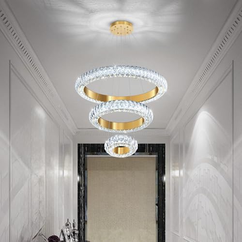 23.6" 3 Ring Crystal Chandelier Modern LED Dimmable Ring Pendant Light Round Chandelier for Dining Room Living Room Gold (Gold / 3 Ring Round 24")