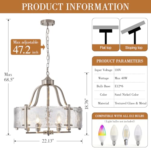 22'' Brushed Nickel Textured Glass Chandelier for Dining Room Light Fixture (Brushed Nickel / 22 Inch)