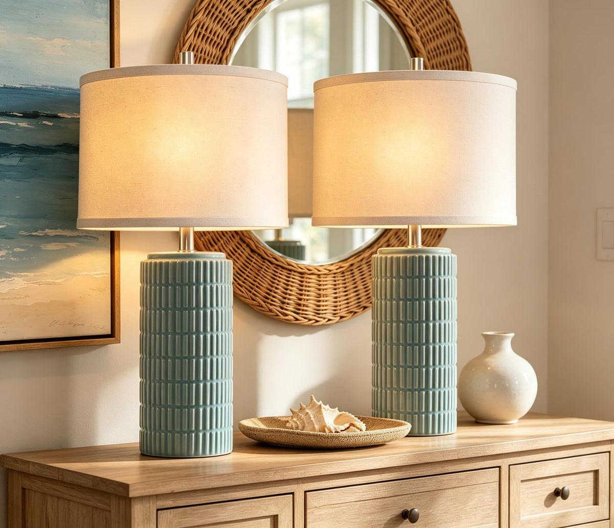 23" Set of 2 Modern Ceramic Table Lamps for Living Room (Light Blue)