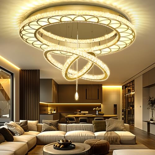 Extra Large Chandelier Dia 55" Gold Chandeliers Flush Mount Chandelier for Living Room Bedroom Dining Room Hallway Dimmable 3 Rings Ceiling Chandeliers (Gold / W:55inches)