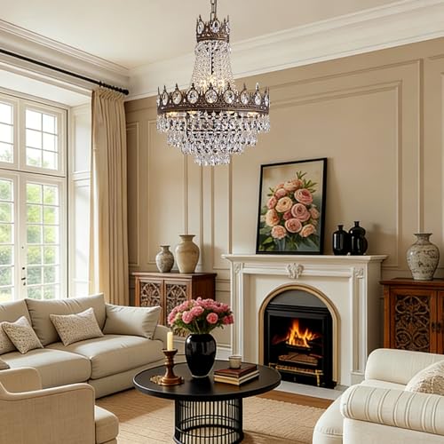 Vintage Crystal Chandeliers for Dining Room Light Fixture (D19"H25.6"- Antique Bronze)