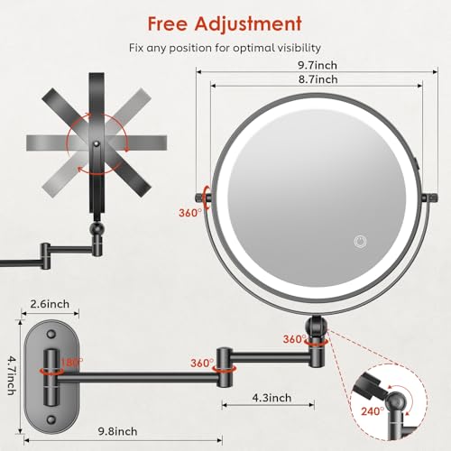 9" Wall Mounted Lighted Makeup Mirror (20x-black)