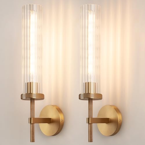 19.5" Knurled‑Craft Hardwired Brass Wall Sconce (Brass-Vertical Striped / 19.5″-2 Pack)