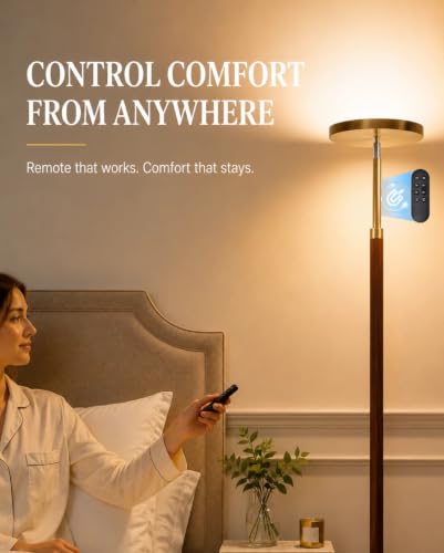 Wood LED Torchiere Floor Lamp with Remote (Walnut Wood & Brushed Brass)
