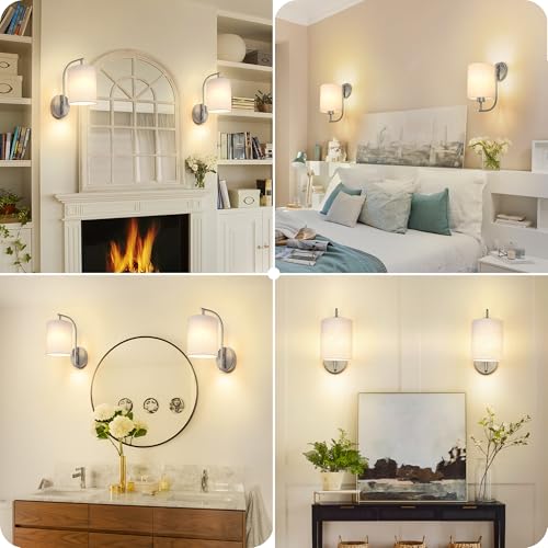 Battery Operated Wall Sconce Set of 2 (Brushed Nickel / Linen / Large)