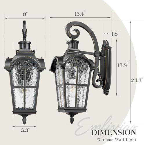 24" Motion Sensor Outdoor Light Fixtures Wall Mount (Black & Gold Edges - Water Glass / 24.3 Inch - Motion Sensor)