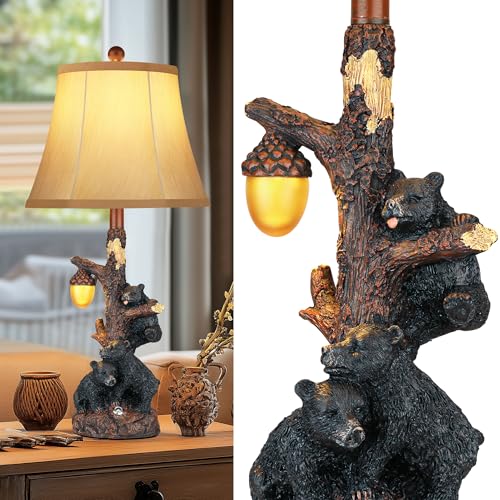 Set of 2 Bear Bedside Table Lamps for Bedroom with Nightlight & USB A+C (Rustic)