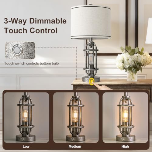 23.75'' Table Lamps Set of 2 for Living Room Bedroom Industrial Farmhouse Metal Touch Lamps with USB A+C Ports (23.75'' Antique Silver - Set of 2)