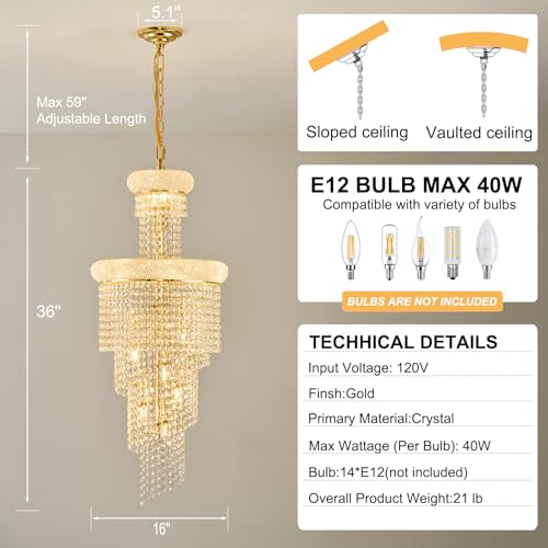 14 Light Spiral Crystal Chandelier Gold Finish for Foyer Entryway Living Room Dining Room 36'' H X 16'' W X 16'' D (Gold / 36'' H X 16'' W X 16'' D)