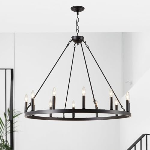 Wagon Wheel Chandelier Extra Large Farmhouse Pendant Light Fixture Round Rustic Hanging Lighting for Dining Room Kitchen Island Foyer Entryway