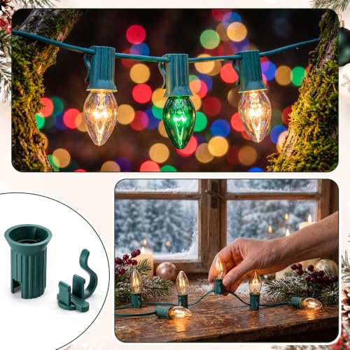 100 Pcs C7 E12 Replacement Sockets for Christmas Lights (Green)