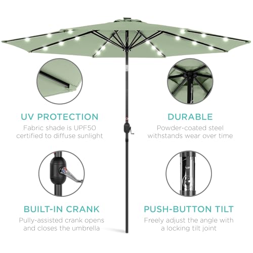 10ft Solar Polyester LED Lighted Patio Umbrella w (Sage Green)