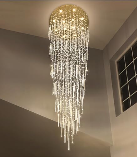 98'' Modern Crystal Chandelier High Ceiling Chandeliers for Entryway Large Raindrop Chandeliers LED Dimmable Flush Mount Light Fixtures for Staircaes Foyer Hallway Living Room LED Bulbs Included Gold (D32'' x H100'' Gold)