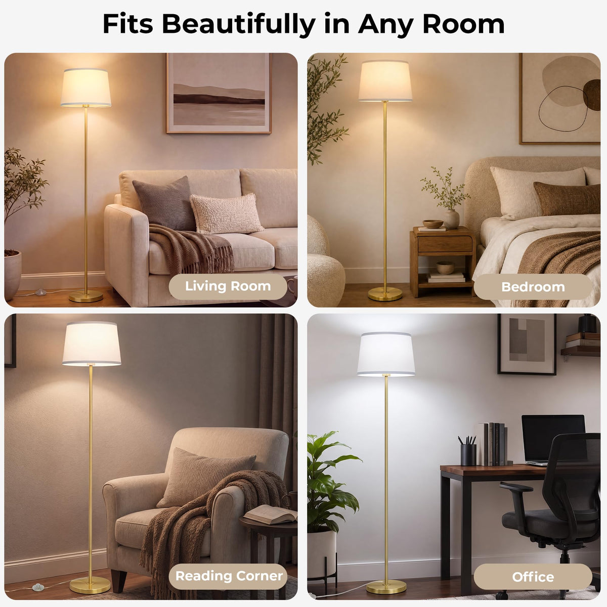 Gold Floor Lamp for Living Room (Gold+White Shade)
