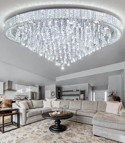 53.7" Modern Chandeliers LED Dimmable Crystal Flush Mount Ceiling Chandeliers for Living Room High Ceiling Entrance Foyer Lobby Bedroom Silver (Silver / 53.7" Width)