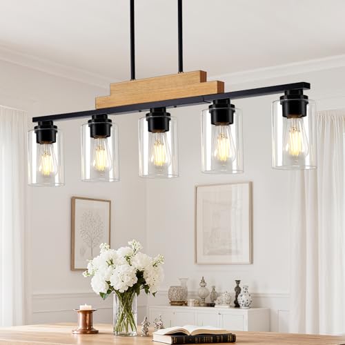 5 Light Wood Dining Room Light Fixture Over Table with Clear Glass Shade (Black & Beige / 5-Light)