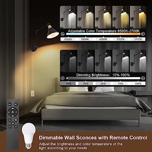 Dimmable Wall Sconce (Black / 2 Pack- (Remote+Bulbs))