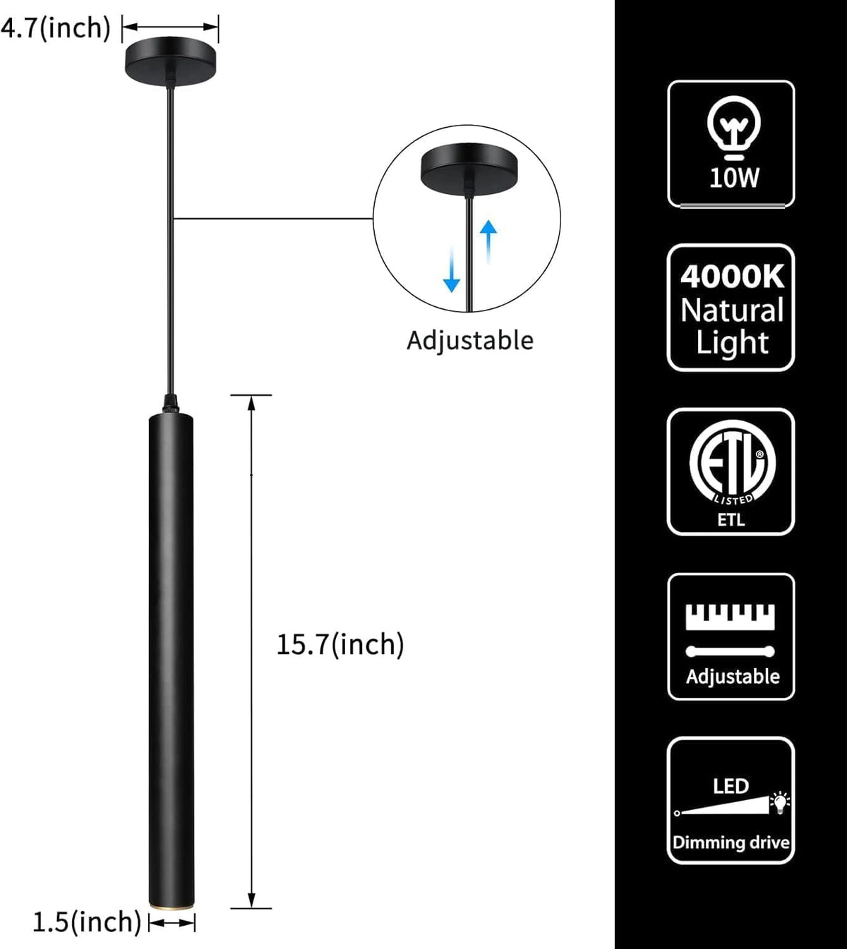 Modern Pendant Lights 4000K LED Dimmable Pendant Light Fixtures Pendant Lighting for Kitchen Island (Black-Dimmable-1p / 15.7inch-1p-1 light)