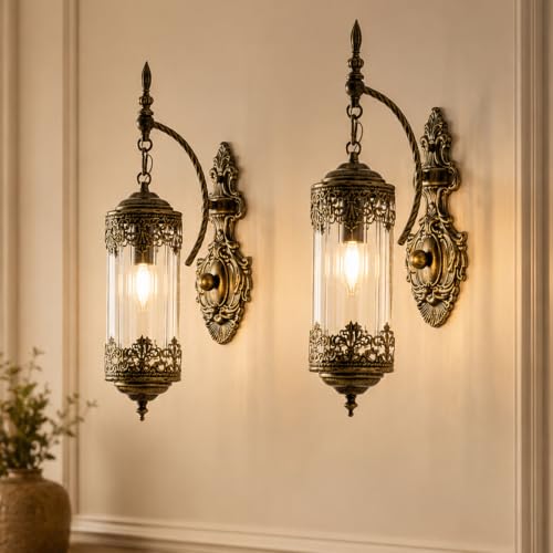 Antique Gothic Glass Wall Sconce for Bedroom (2 Black Bursh Gold)