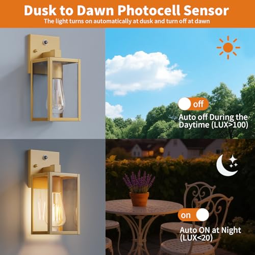 2 Pack Gold Dusk to Dawn Outdoor Front Porch Light Fixtures Wall Mount (Gold / Small-10.24'')