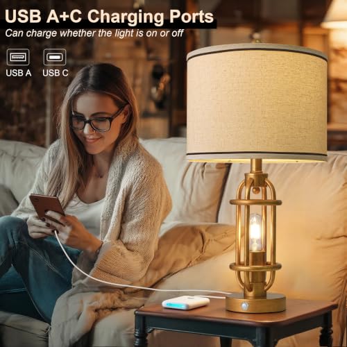 23.75'' Table Lamps Set of 2 for Living Room Bedroom Industrial Farmhouse Metal Touch Lamps with USB A+C Ports (23.75'' Antique Gold - Set of 2)