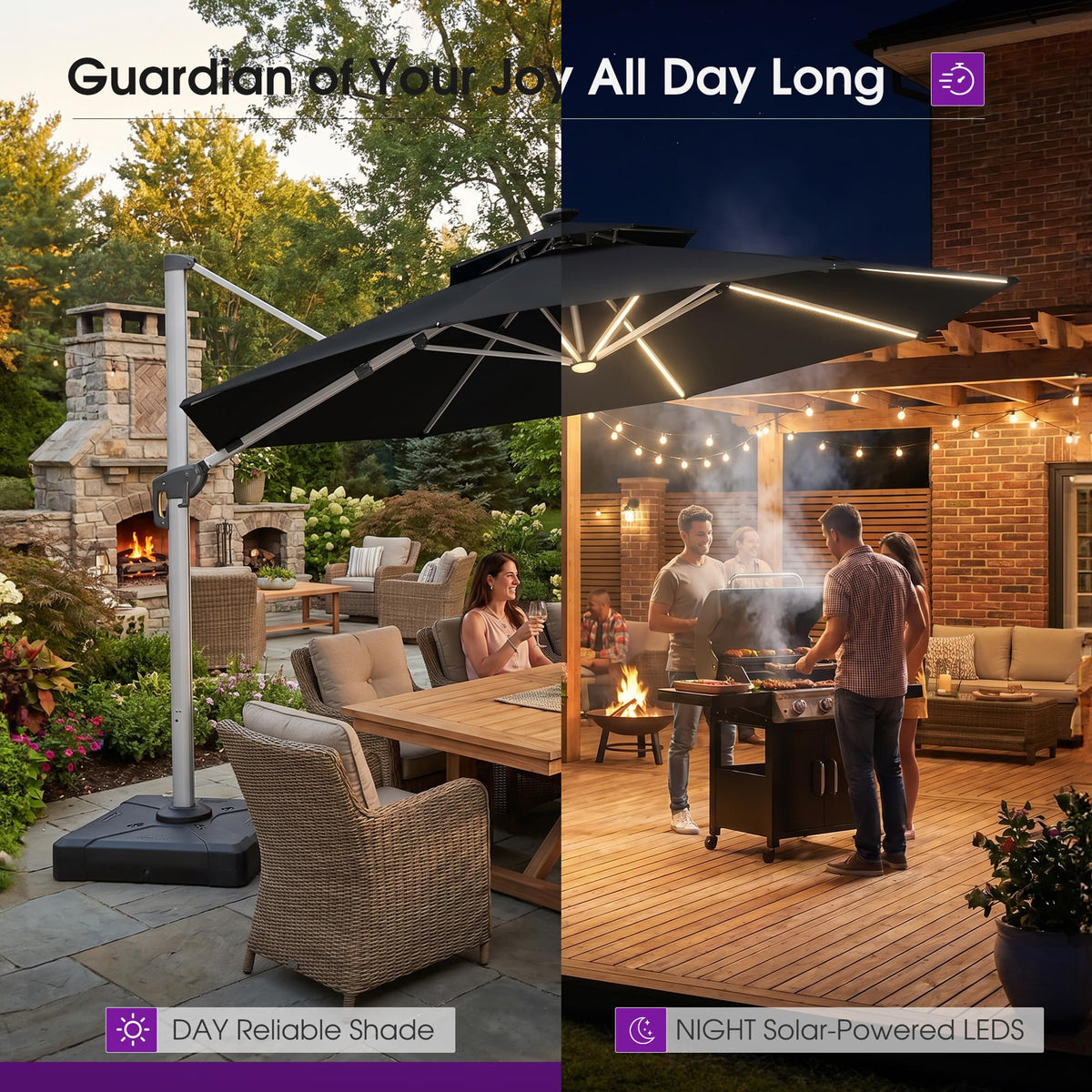 Cantilever Umbrella 13ft Solar LED Light Double Top (Black / 13 Feet)