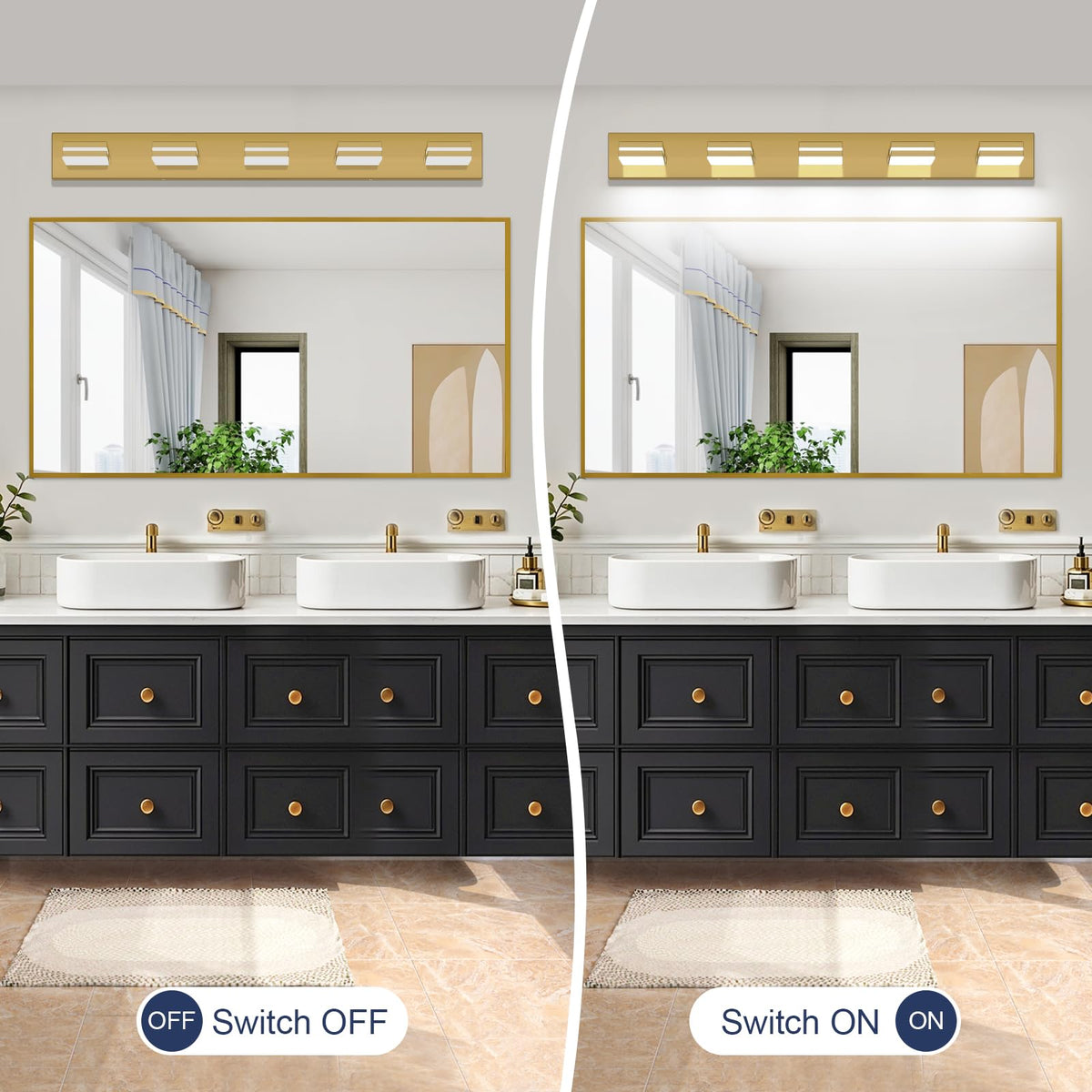 LED Modern Bathroom Vanity Light Fixtures (5-Light, 40-Inch / Brass, 100%-0% White)