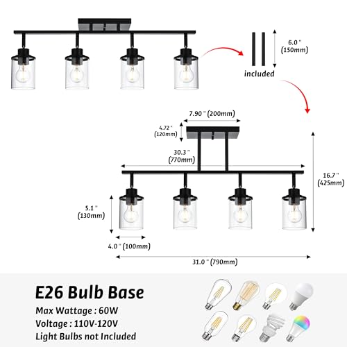 4 Lights Ceiling Light Fixtures with Flexibly Rotatable Light Head Black Bathroom Lights Modern Complete Track Lighting Kits with Clear Glass Shade (Black / 4-Light)