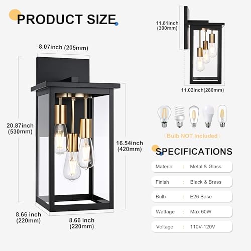 2 Pack Large Outdoor Wall Light Fixtures (Black & Brass / 3-Light, 2-Pack)
