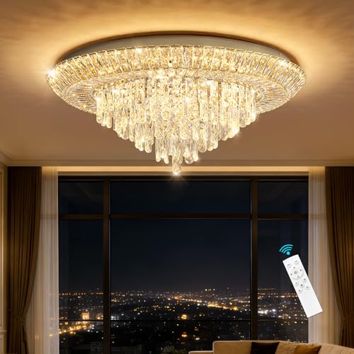 Modern Silver Crystal Chandelier LED Ceiling Light Fixture Raindrop Chandeliers Dimmable Lighting for Living Room Dining Room Entryway Bedroom (Silver / W32")