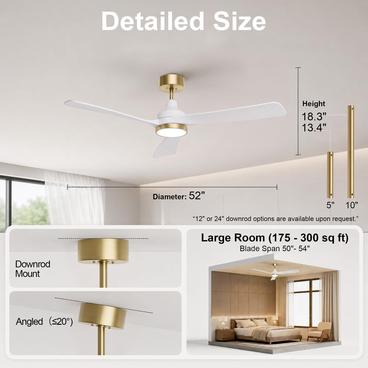 52 Inch Ceiling Fan with Lights (white & gold / 52 Inch)