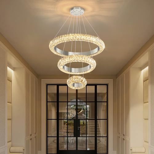 23.6" 3 Ring Crystal Chandelier Modern LED Dimmable Ring Pendant Light Round Chandelier for Dining Room Living Room Silver (Silver / 3 Ring Round 24")