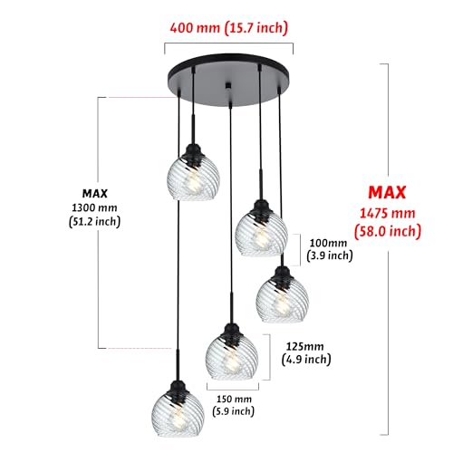 5 Light Cluster Pendant Light with Striped Swirl Globe Glass Black Pendant Lighting for Kitchen Island (Transparent / 5-Light-Round Cluster)