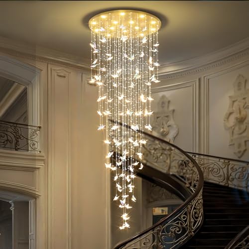 Crystal Butterfly Chandelier High Ceiling Chandeliers for Staircaes Large Raindrop Chandeliers LED Dimmable Big Chandelier for Foyer Hallway Entryway Gold (Gold / Dia 40")