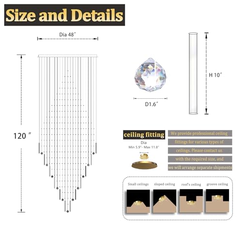 D48''X H120'' Extra Large Chandelier for High Ceilings LED Dimmable Crystal Raindrop Chandeliers Large Black Chandelier for Villa Entrance Foyer (Black / D48"X H120")