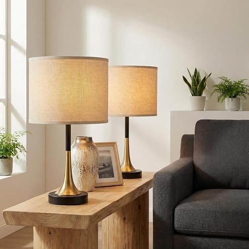 16.5'' Modern Table Lamps Set of 2 with Gold Metal Base and Linen Shade