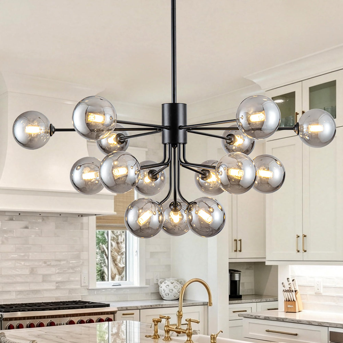 Smoked Glass Chandelier 15 Lights Black Sputnik Chandeliers for Living Room (39.37inch / Black & Grey (15 Lights))