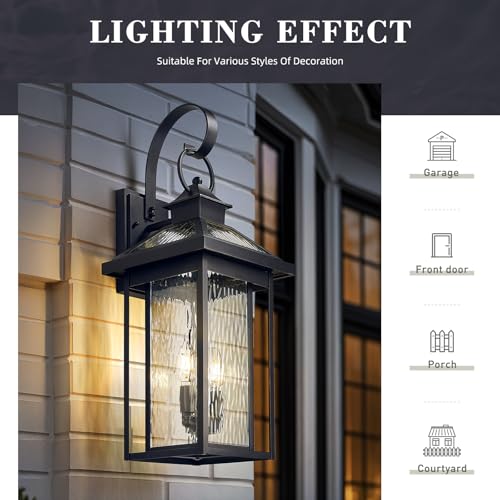 2 Light Porch Wall Mount Light (Black - Water Ripple Glass / 25.2 Inch - No Function)